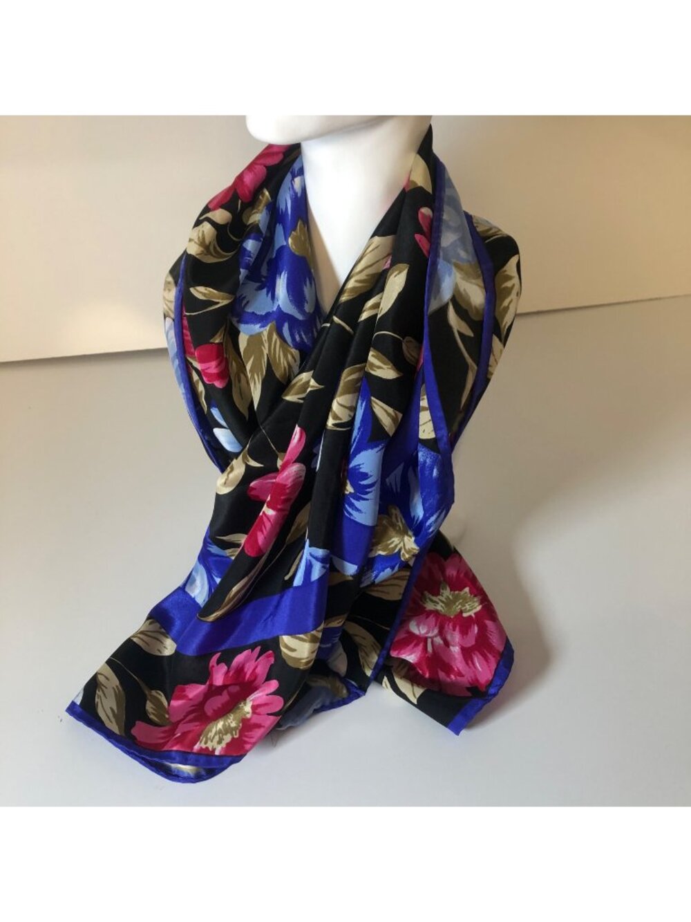 Floral Black Scarf Vivid Pink Blue Flowers Polyester Square Feminine